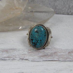 Sterling Silver Oval Turquoise Flower Bead Ball Statement Ring 9.25 Artisan